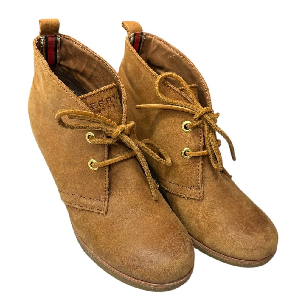 Sperry Women's Retro Tan Leather Lace‑Up Ankle Booties Wedge Heel Casual 6.5